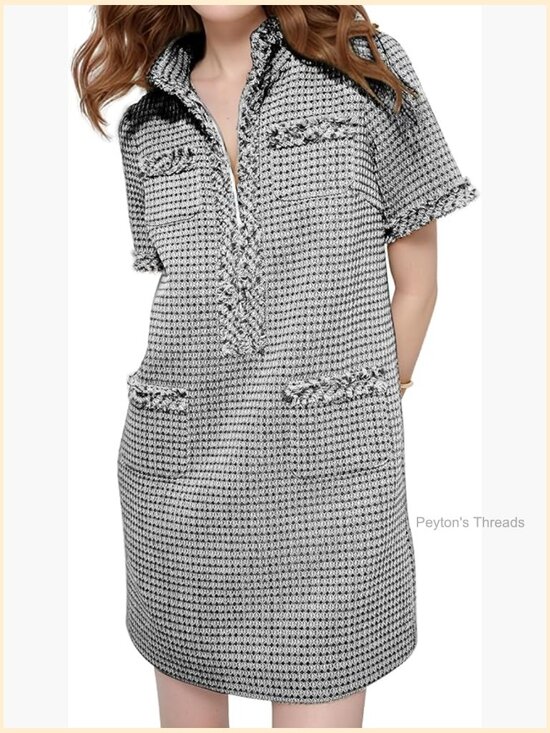 Dresses & Skirts - Tweed Shift Mini Dress Short Sleeve V-Neck Work Cocktail Party